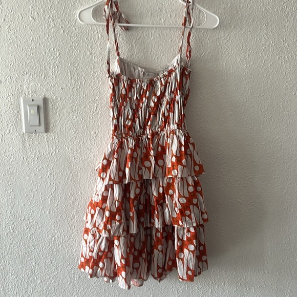 Charina Sarte Ruffle Tala Mini Dress | Print/Orange/ White/ Brown | Size Small - Picture 6 of 6